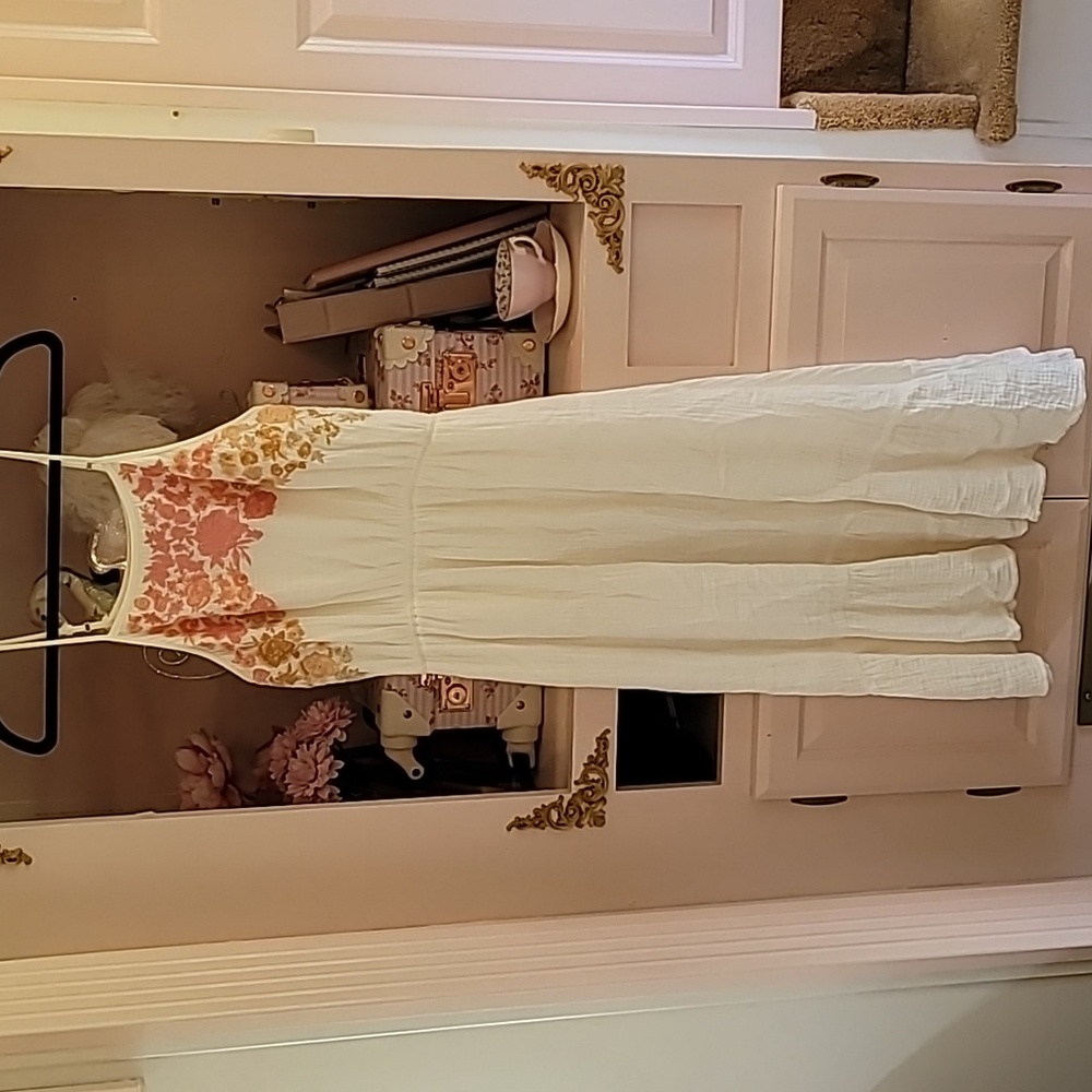 Andree by Unit Embroidered Floral Sundress Cream Boho Spaghetti Straps M